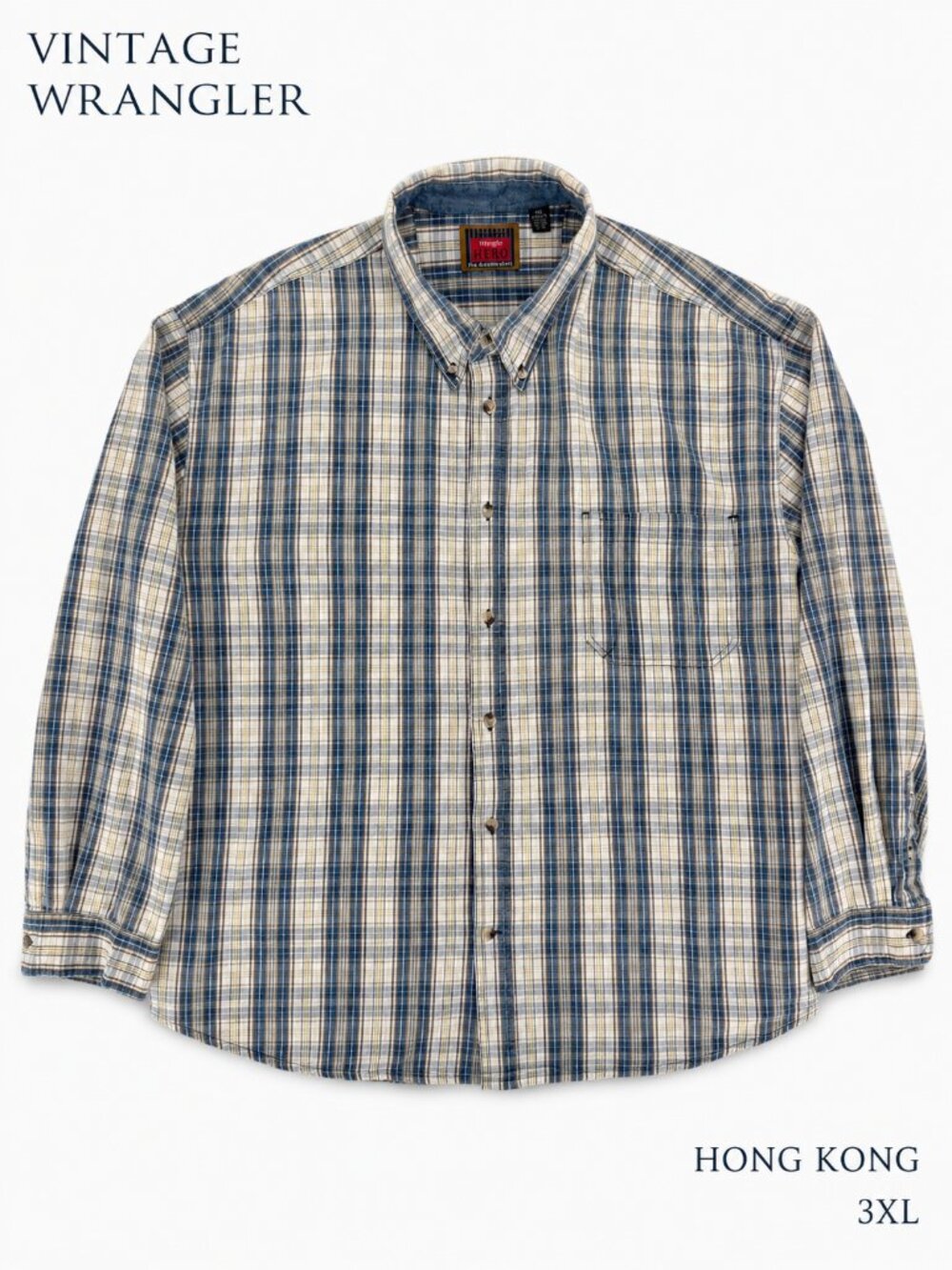 Vintage Wrangler Hero Plaid Button Down Shirt 3XL Made In Hong Kong Cotton